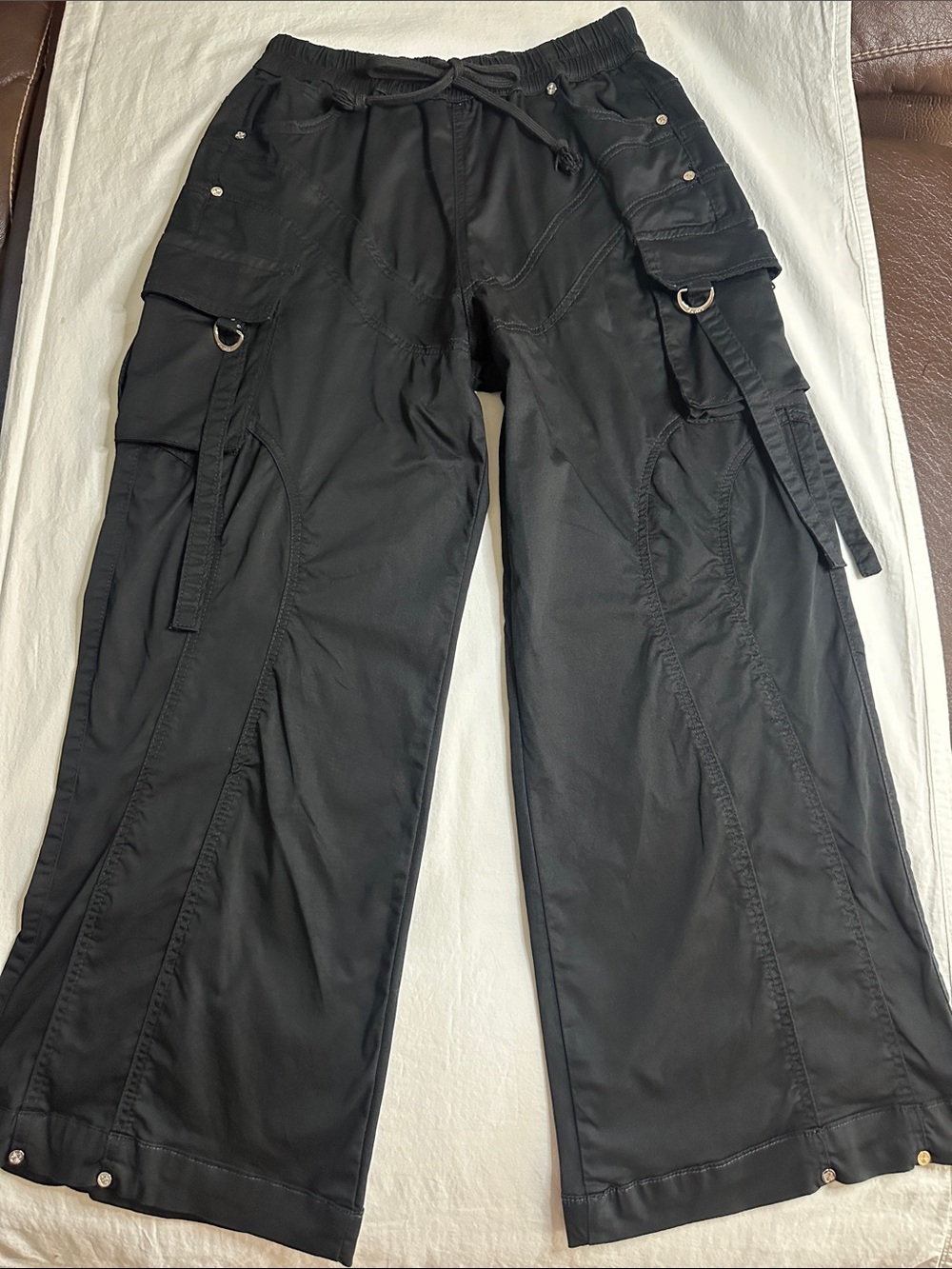 Guapi Men's Black Cargo Utility Pants - Drawstring Waist Size 32